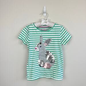 Mini Boden Green Stripe Bunny Sequin Tee Shirt 7-8